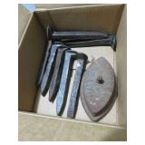 Antique Lot 7 Old Railway Spikes & Dover Sad Iron