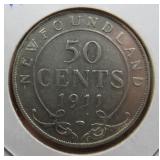 1911 Newfoundland Silver 50 Cent Canada Coin OLD