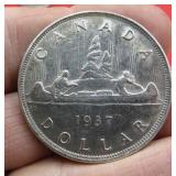 1937 Canada Silver One Dollar Canoe Coin OLD