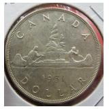 1951 Canada Silver One Dollar Canoe Coin OLD