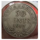 1917 Newfoundland Silver 50 Cent Canada Coin OLD
