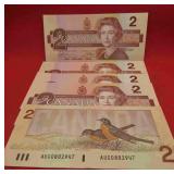 1986 Lot 5 Canada Two Dollar Bills Bank Notes