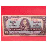 1937 Bank of Canada Five Dollar Note Old Bill