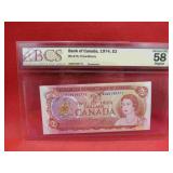 1974 Canada Graded Two Dollar Bank Note BCS 58