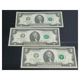 (3) Federal Reserve Note Two Dollar Bills 2017