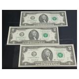 (3) Federal Reserve Note Two Dollar Bills 2017