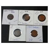5) Indian Head Cents 1879, 1901, 1904, 1905, 1907