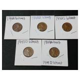 5) Wheat Pennies Good Dates 1942, 42 D, 42 S, 42 D