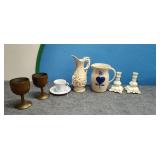 Porcelain Vase, Pitcher, Candle Holders, and Metal