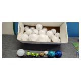 Box of hanging ornaments mostly White ball's