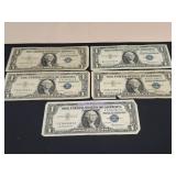 5) Silver Certificates Blue Seal 4) 1957,1) 1935 G
