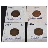 4) Indian Head Pennies Good Dates 1896,1907,08& 09