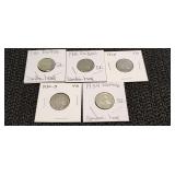 5) Indian Head Nickels 1916, 26, 28, 30 S, 34 S
