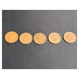 5) Indian Head Pennies 1895, 96, 97, 1905, 06