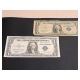 2) One Dollar Silver Certificates Blue Seal 1935's