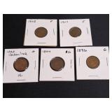 5) Indian Head Pennies 1888, 94, 96, 1902, 07