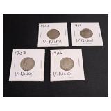 4) V-Nickels 1903, 06, 08, 1911 Good Dates