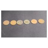 6) Indian Head Pennies 1891, 92, 1900, 01, 05, ??