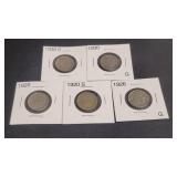 5) Buffalo Nickels 1920's 1930's (see description)