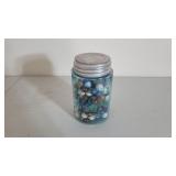 Blue Mason Jar of Vintage Marbles