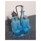 Vintage Aqua Blue Pressed Glass Castor Set