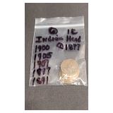 6) Indian Head Pennies 1891, 97, ??, 1900, 05, 07
