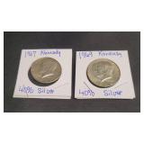 2) 40% Silver Kennedy Half Dollars 1967 & 1969