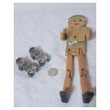 Vintage Miniature Roller Skates & Wooden Doll