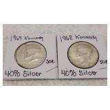 2) 1968 & 1969 40% Silver Kennedy Half Dollars