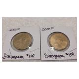 2) 2000 P Sacagawea One Dollar Coins
