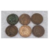 6) Indian Head Pennies 1892, 93, 97, 1901, 05,19??