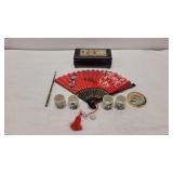 Lacquer Inlay Asian Jewelry Box, Fan & More