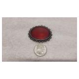 Oxidized Silver Brooch with Red Oval Stone