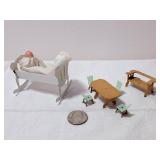 Vtg Dollhouse Crib w/Baby & Dining Set