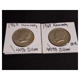 2) Kennedy 40% Silver Half Dollars 1965 & 1969