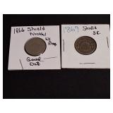 2) Shield Nickels w/ Rays  1866 & 1869