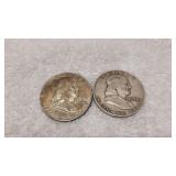 2) Franklin 90% Silver Half Dollars 1954, 1958