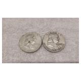 2) Franklin 90% Silver Half Dollars 1957, 63