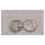 2) Franklin 90% Silver Half Dollars 1957, 1961