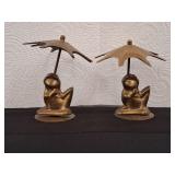 2) Brass Frog with Umbrella Figurines