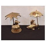 2) Brass Ducks with Umbrellas Figurines