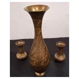 Brass Floral Vase & 2) Bud Vases from India