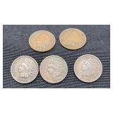 5) Indian Head Pennies 1898, 1900, 01, 02, 05