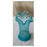Vintage Turquoise Crimped Blue Glass Vase