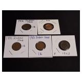 5) Indian Head Pennies - 1891, 1901, 05, 06 & 1907