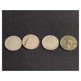 4) V-Nickels - 1899, 1904, 1905 & 1906