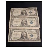 3) 1957 One Dollar Silver Certificates