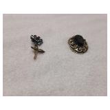 Black glass lady cameo brooch, rhinestone brooch