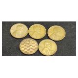 Five vintage pennies