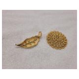 Golden leaf brooch, golden basketweave brooch
